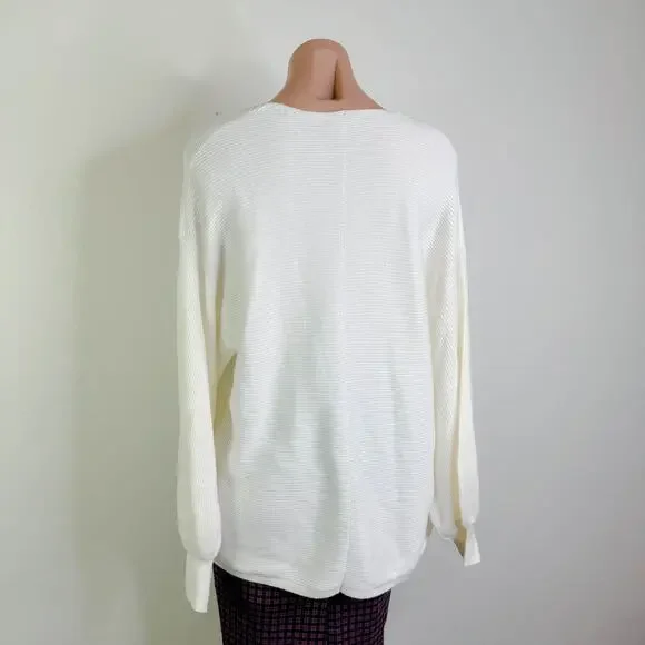 1 State V Neck Ribbed Knit Balloon Sleeve Pullover Sweater White Cream Large NWT - Picture 8 of 12